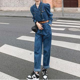 Long-sleeve Notch Lapel Denim Straight Leg Jumpsuit