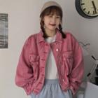 Puff-sleeve Denim Jacket Pink - One Size