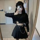 Long-sleeve Cropped T-shirt / Pleated Mini A-line Skirt / Set