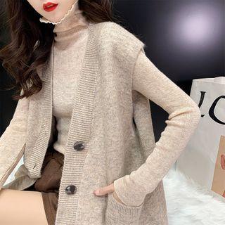 Mock-neck Knit Top / Button-up Sweater Vest / Set