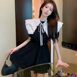 Frilled Shawl / Set: Short-sleeve Plain Top + A-line Skirt