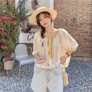 Puff-sleeve Patterned Tasseled Blouse