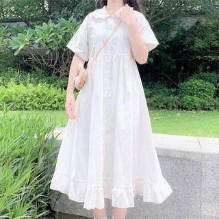 Collared Ruffle Trim Midi A-line Dress