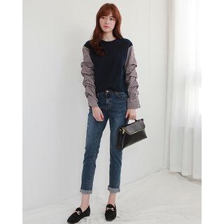 Shirred Striped Long-sleeve T-shirt