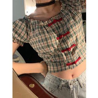 Plaid Puff-sleeve Blouse / Qipao