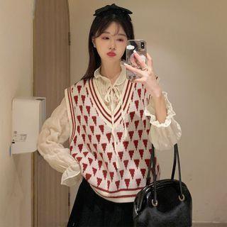 Long-sleeve Tie-neck Blouse / Vest