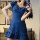 Denim Dress Waist V-neckpuff-sleeve Skirt