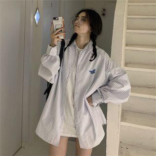 Long-sleeve Butterfly Embroidered Striped Shirt