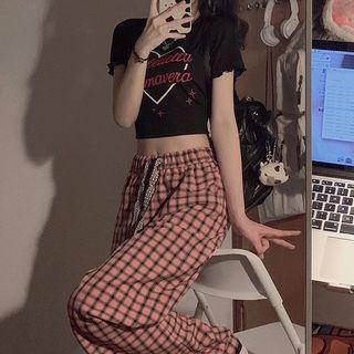 Heart Print Cropped T-shirt / Plaid Loose Fit Pants