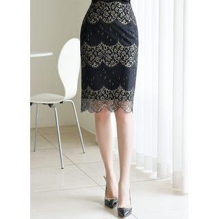 Two-tone Scallop-hem Midi Lace Skirt