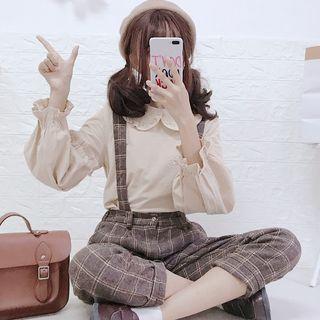 Frilled Peter Pan Collar Blouse / Plaid Jumper Pants