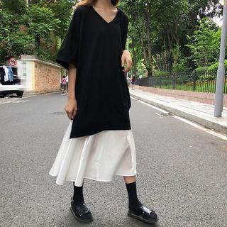 Elbow-sleeve Mock Two-piece Midi Dress As Shown In Figure - One Size