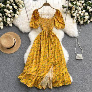 Square-neck Puff-sleeve Floral Slit Dress