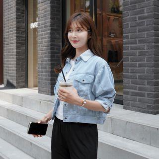 Puff-sleeve Cropped Denim Jacket In 2 Designs