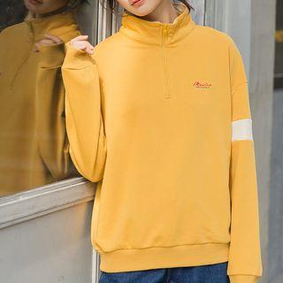 Stand Collar Lettering Embroidered Half-zip Pullover