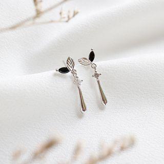 925 Sterling Silver Rhinestone Leaf Drop Earring Platinum - One Size