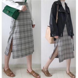 Side Slit Plaid A-line Skirt