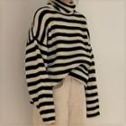 Striped Turtleneck Sweater Stripes - White & Black - One Size
