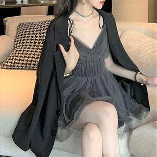 Plain Blazer / Spaghetti Strap Mesh Panel Mini Dress