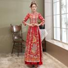 Set: 3/4-sleeve Rhinestone Embroidered Chinese Wedding Cheongsam + Maxi Skirt + Headpiece + Earring