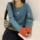 Embroidered Color Panel Sweater As Shown In Figure - One Size