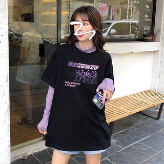 Mock-turtleneck Long-sleeve Mesh Top / Embroidered Short-sleeve T-shirt