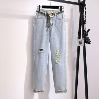 Set: Short-sleeve Striped Knit Top + Distressed Straight Leg Jeans