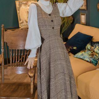 Set: Plain Blouse + Sleeveless Plaid Dress