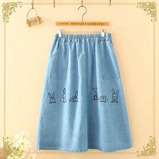 Rabbit Embroidered Denim A-line Skirt As Shown In Figure - One Size
