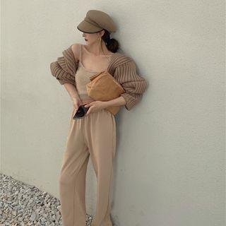 Knit Camisole Top / Wide Leg Pants / Ribbed Cardigan