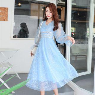 Sequined Balloon-sleeve Midi Mesh Dress