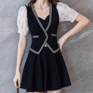 Set: Puff-sleeve Top + A-line Mini Skirt