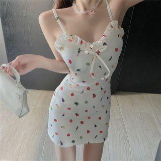Ruffle Trim Fruit Print Spaghetti-strap Bodycon Dress As Shown In Figure - One Size