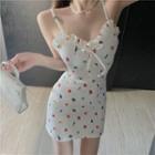 Ruffle Trim Fruit Print Spaghetti-strap Bodycon Dress As Shown In Figure - One Size