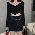 Long-sleeve Chain Strap Cropped T-shirt / Mini Pencil Skirt