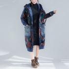 Floral Print Hooded Padded Coat Dark Blue - One Size