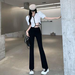 Short-sleeve Cropped Blouse / Tie-waist Bootcut Pants
