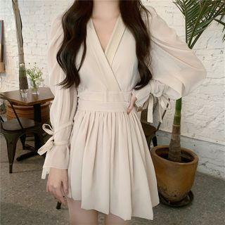 Long-sleeve V-neck Pleated Mini Dress