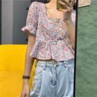 Puff-sleeve Square-neck Floral Print Cropped Top