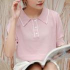 Contrast Trim Short-sleeve Knit Top Pink - One Size