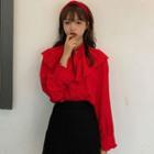 Long-sleeve Lace Panel Blouse Red - One Size
