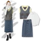 Long-sleeve Plain Shirt / Jacquard Knit Vest / Midi A-line Denim Skirt