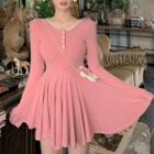 Lace Trim Long-sleeve Mini A-line Dress Pink - One Size