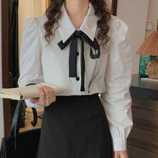 Puff-sleeve Bow Blouse Off-white - One Size