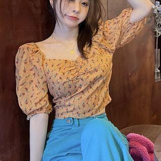 Puff-sleeve Floral Blouse / Mini Sheath Dress