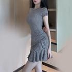 Short-sleeve Patterned Ruffle Hem Mini Sheath Dress