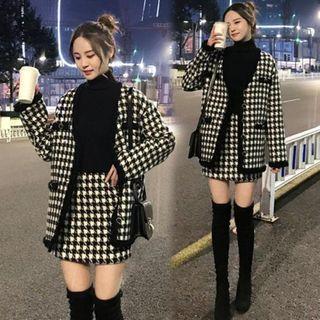 Set: Houndstooth Blazer + Mini Tweed Skirt