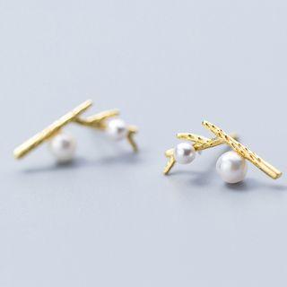 925 Sterling Silver Branches Faux Pearl Earring S925 Silver - 1 Pair - Gold - One Size