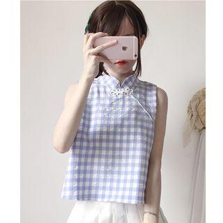 Plaid Sleeveless Mandarin Collar Top