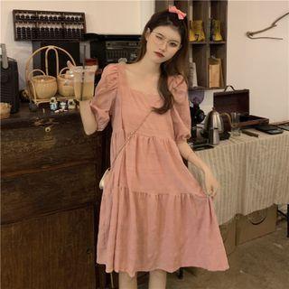 Square-neck Plain Puff-sleeve Short-sleeve Dress